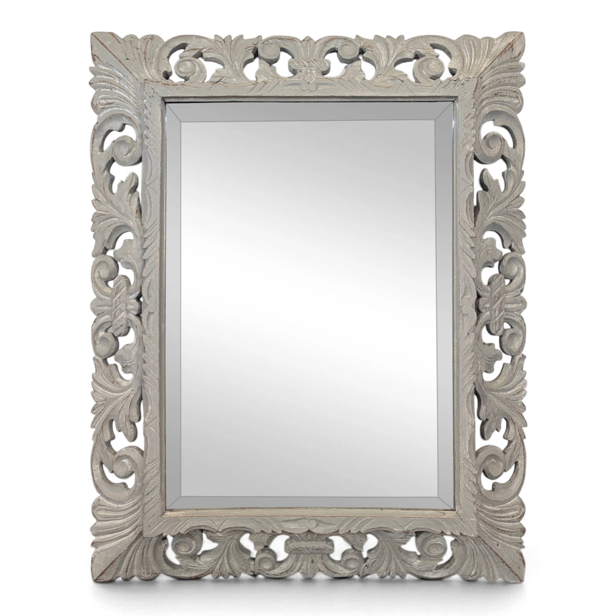 Miroir à cadre en bois sculpté ajouré patiné gris