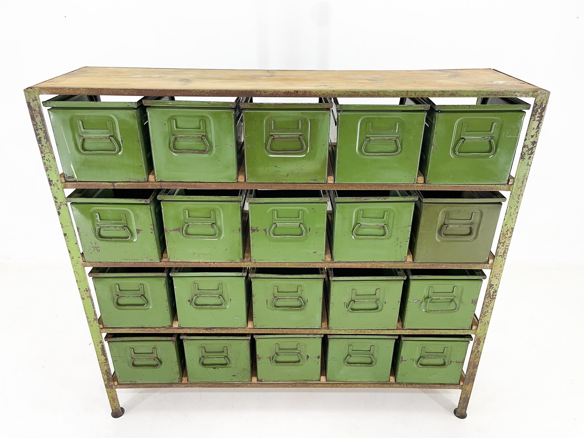 Vintage industrial cabinet, 20 iron drawers, wooden top, 1950's