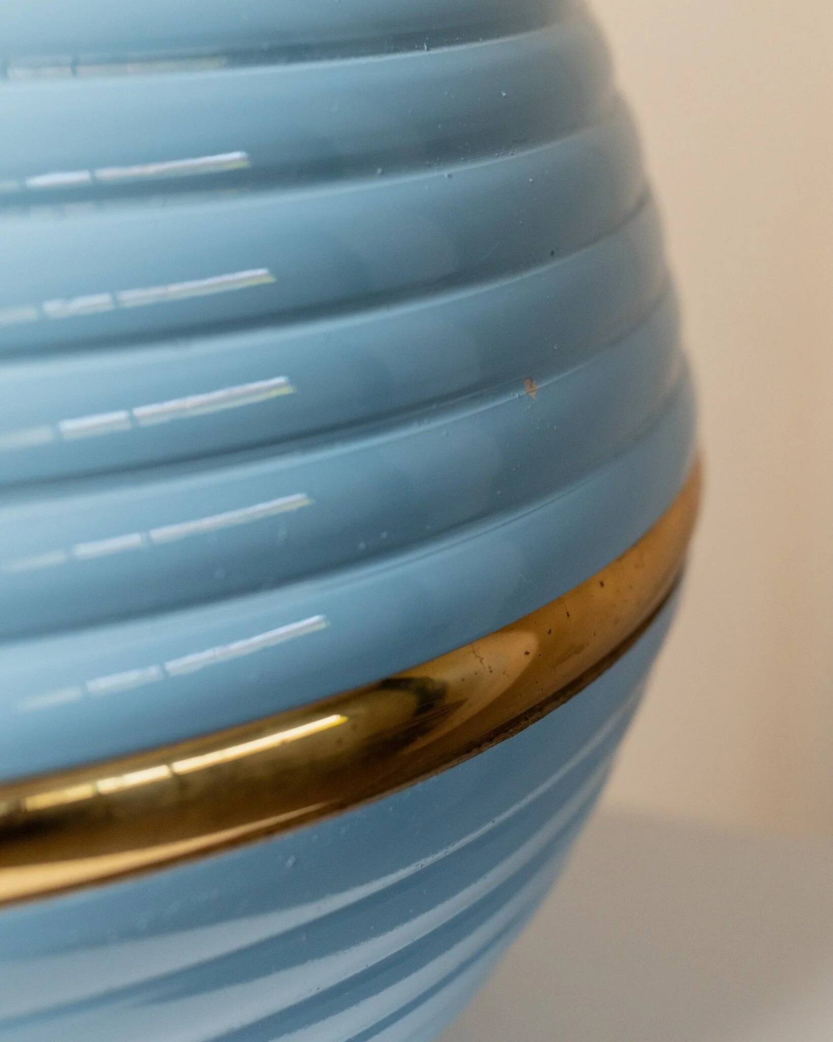XXL light blue ceramic table lamp with gold band, Italy 1980s, Hollywood Regency