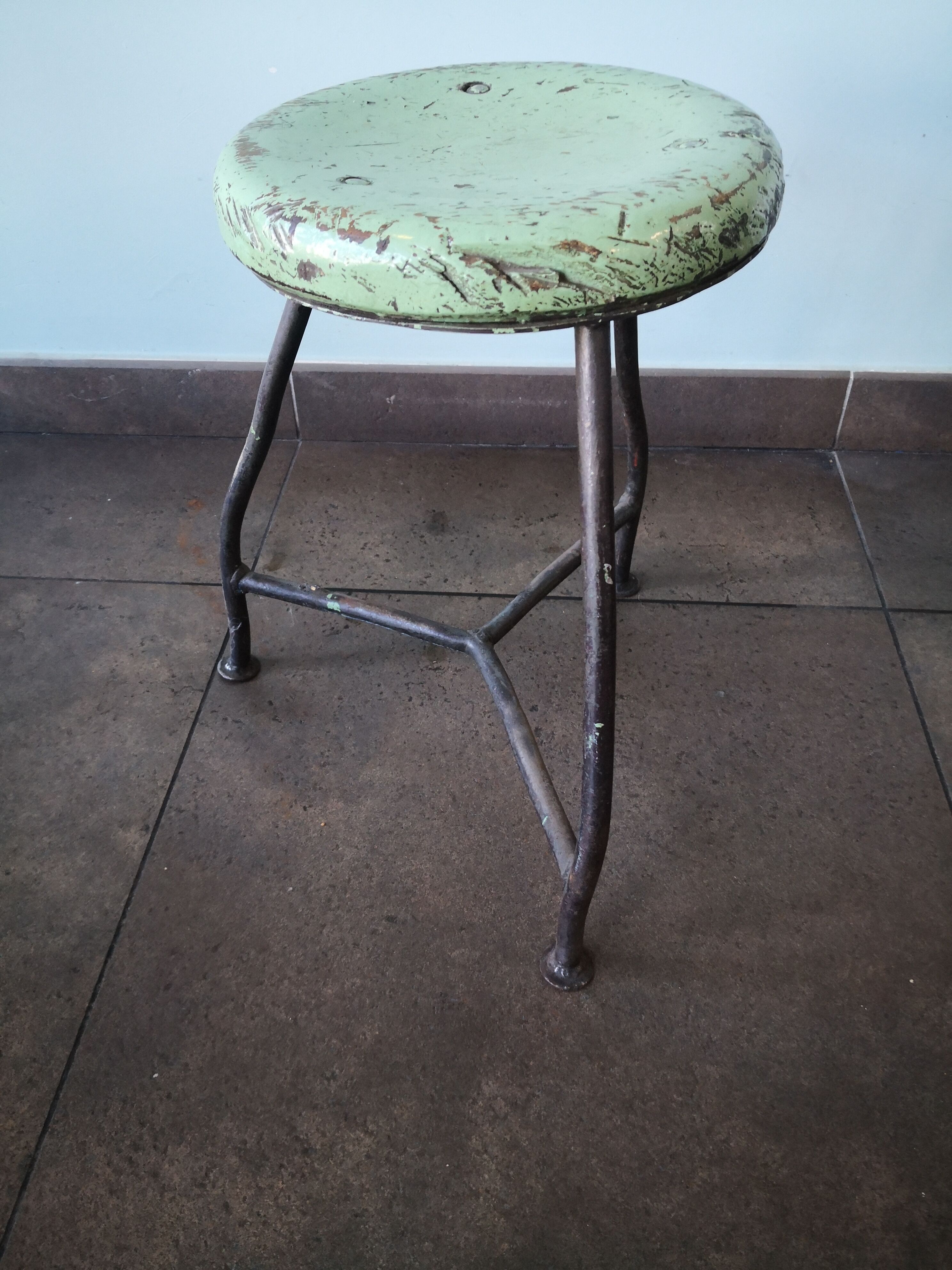 Vintage tripod stool, industrial style wood and metal