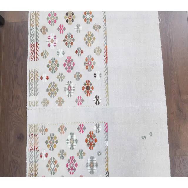 Vintage Turkish Oushak handmade wool cotton white kilim runner rug 68x215
