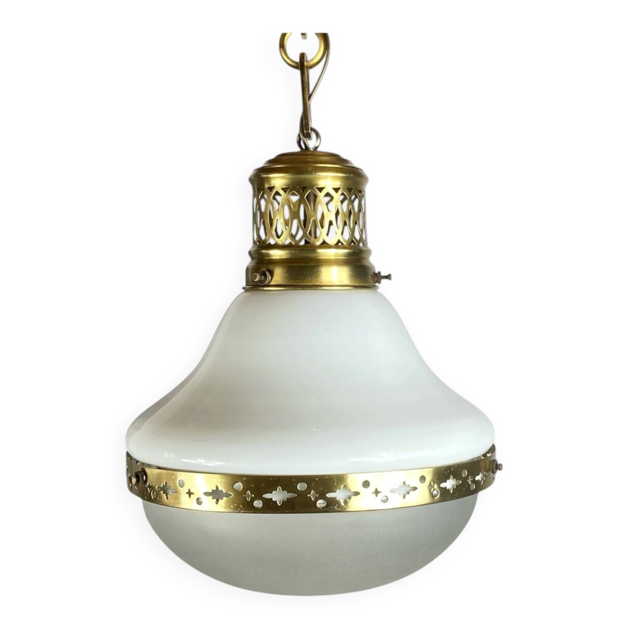 Suspension in white opaline glass and brass 1920 with a gilded brass chain.