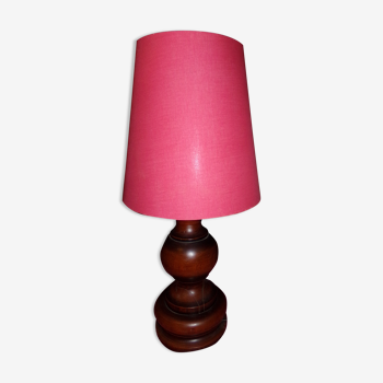 Wooden lamp and red lampshade dark brown wood color in good condition a clogged crack