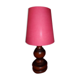 Wooden lamp and red lampshade dark brown wood color in good condition a clogged crack