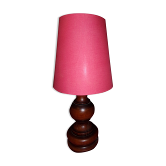 Wooden lamp and red lampshade dark brown wood color in good condition a clogged crack