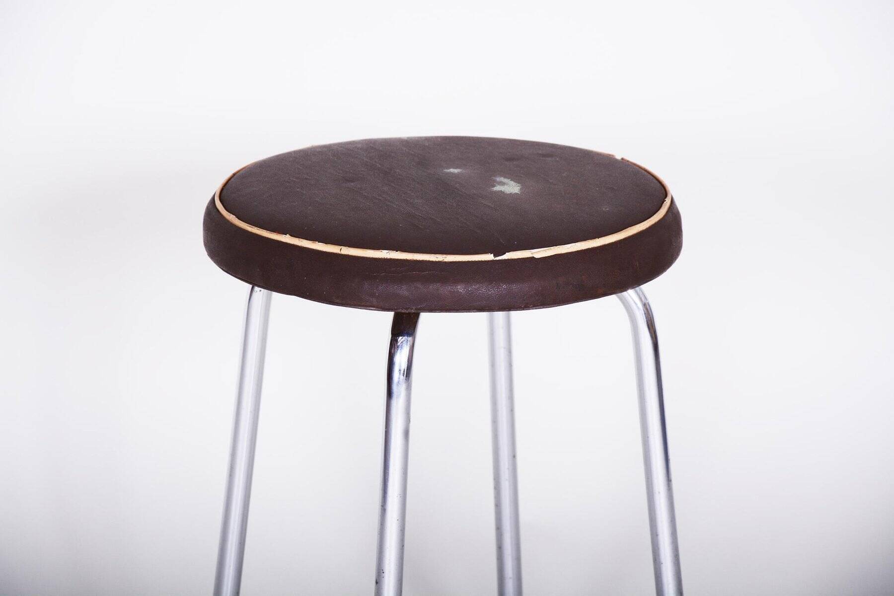 Small Bauhaus Round Leather & Chrome Stool by Robert Sezák, 1940s