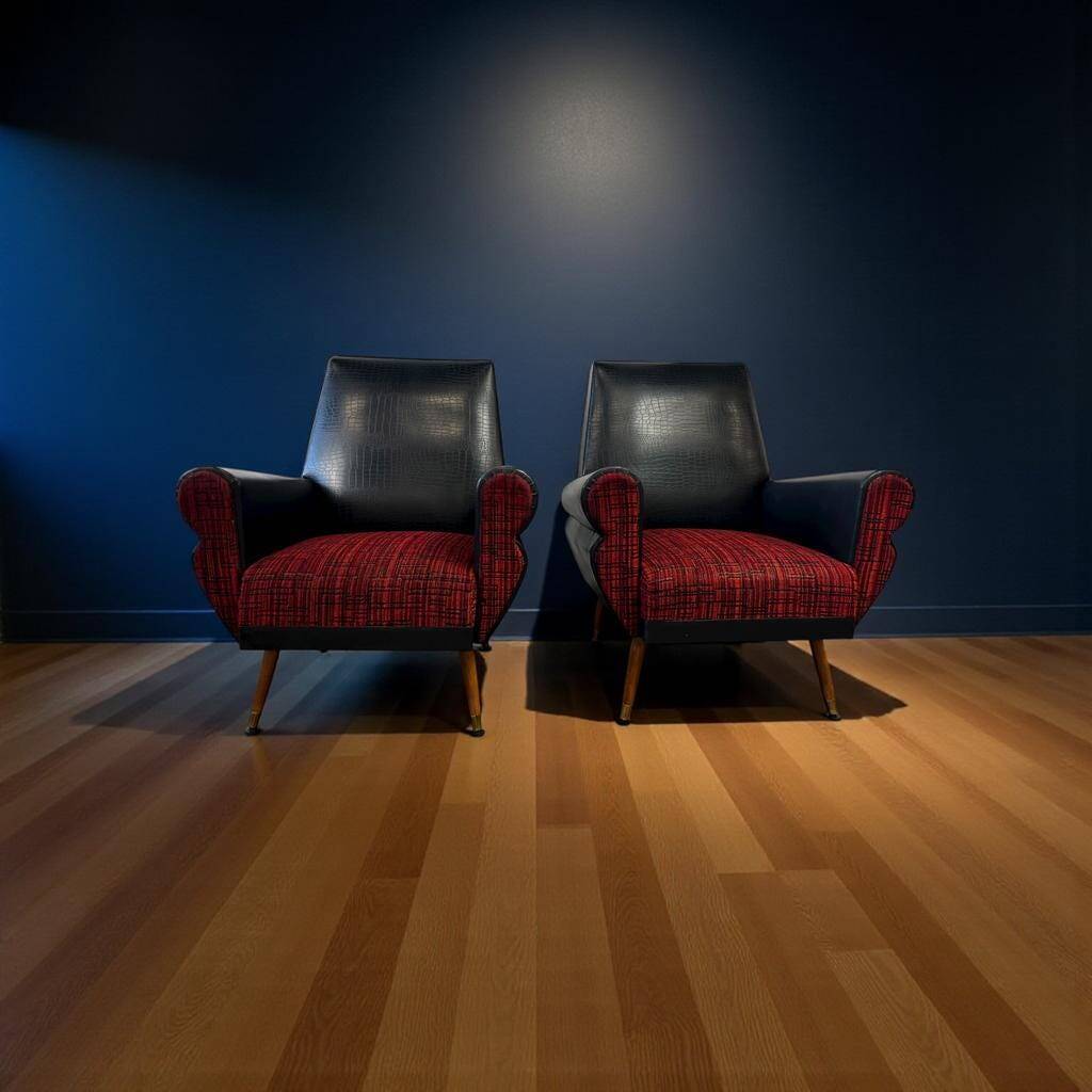 Set of 2 vintage black and red armchairs / armchairs / individual armchairs