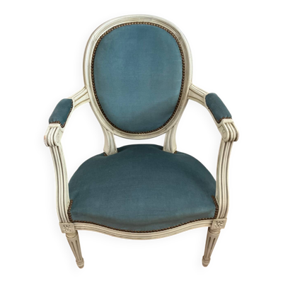 Fauteuil médaillon velours bleu style Louis XVI