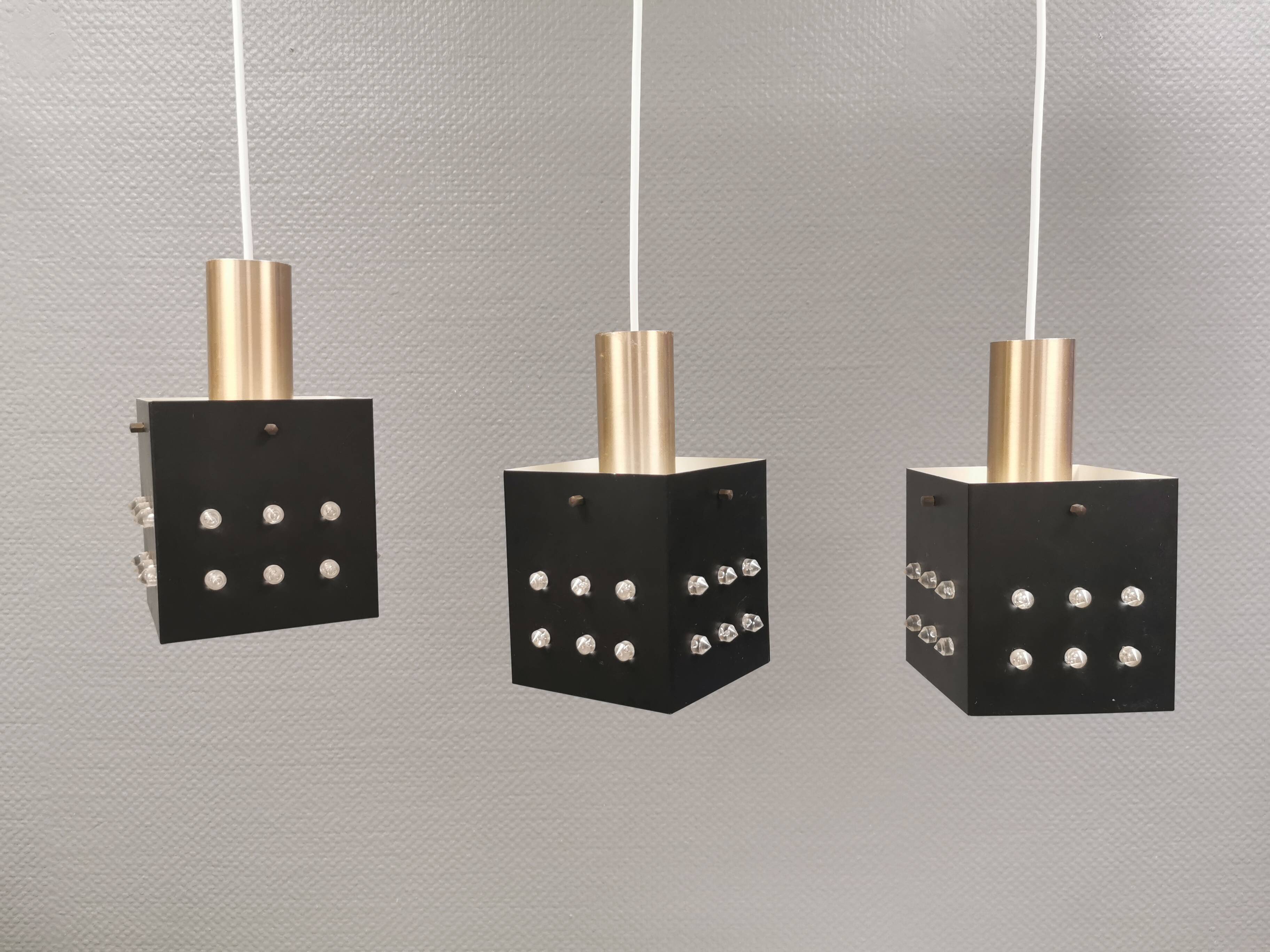 Three older square pendant lamps in Space-Age style, Denmark 1980s
