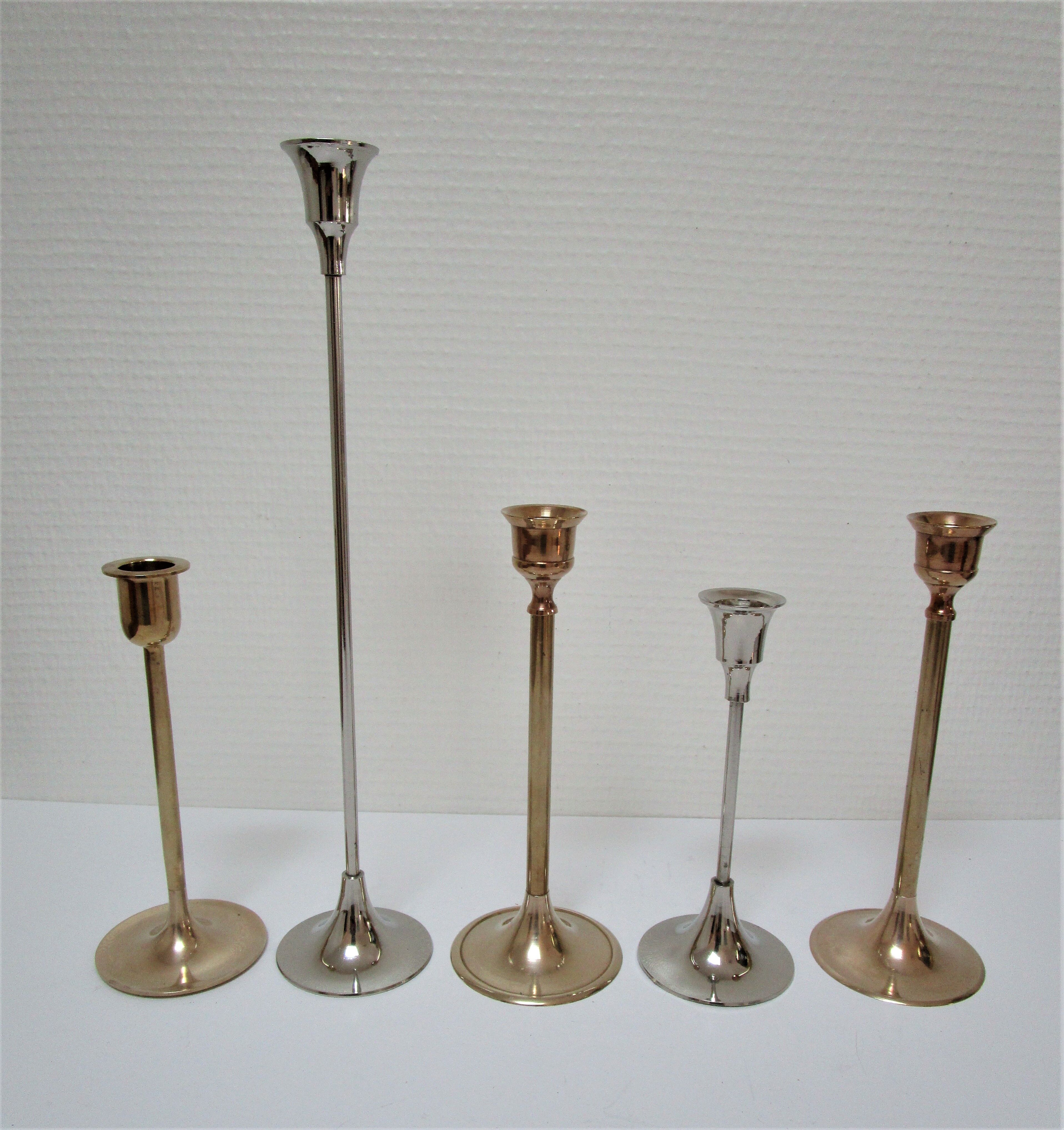 Five gold brass candlesticks and chrome brass vintage scandinavian design