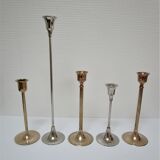 Five gold brass candlesticks and chrome brass vintage scandinavian design