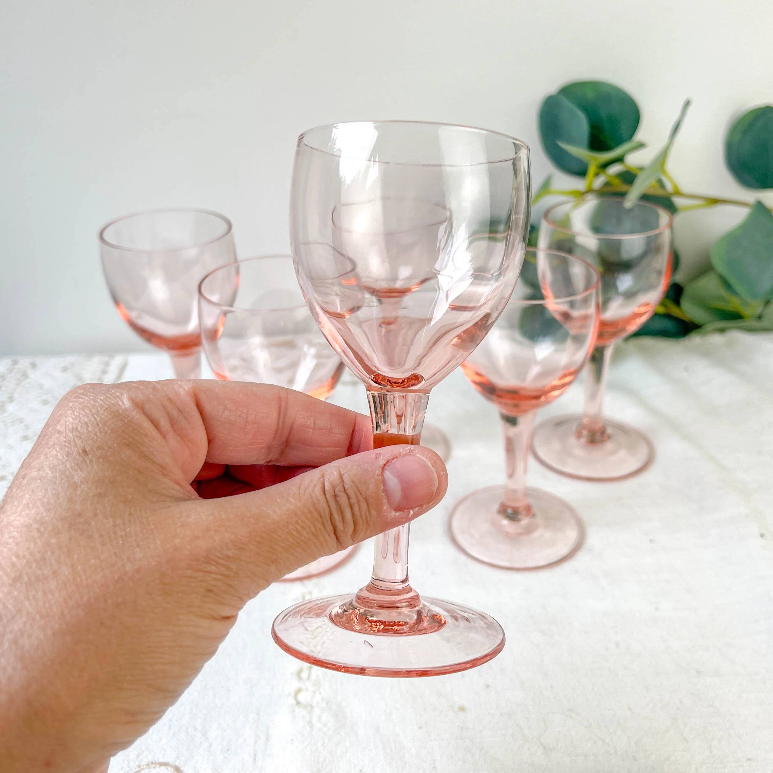 6 vintage faceted pink red wine glasses – 1950s – French elegance