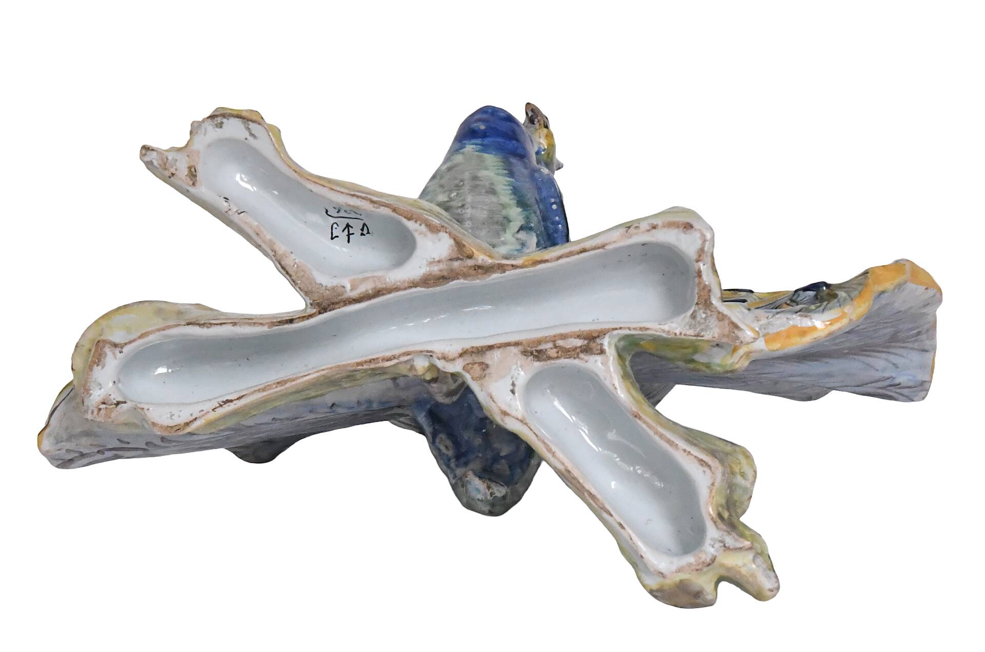 Faience bouquet holder from Desvres in the shape of a peacock.