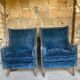 Art Deco pair of walnut and blue velvet chairs, set of 2, 1920s