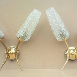 Paire d'appliques double vintage en métal doré et verre pointe de diamant