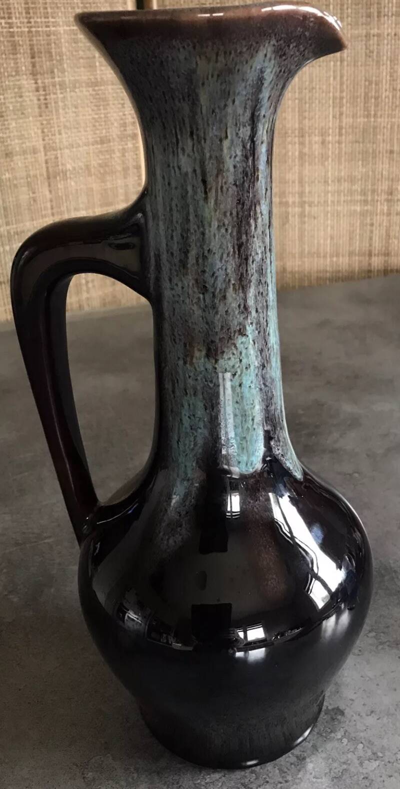 Large vase in glazed ceramic stoneware flamed effect brown and turquoise 35.5 cm