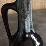 Large vase in glazed ceramic stoneware flamed effect brown and turquoise 35.5 cm