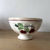 Grand Bol à Café au Lait Ancien avec Motifs de Cerises Rouges et Feuilles Vertes