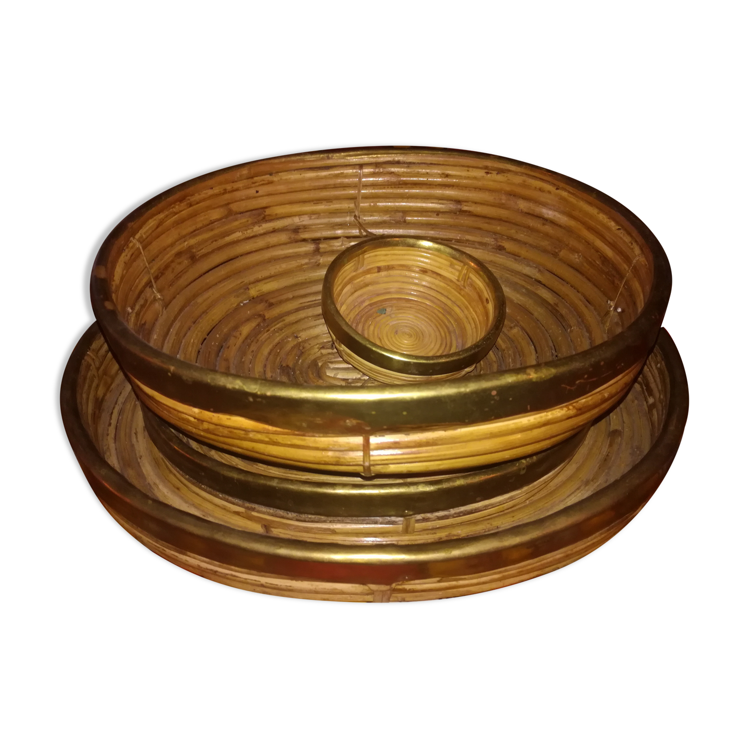 Set of bamboo and brass dishes