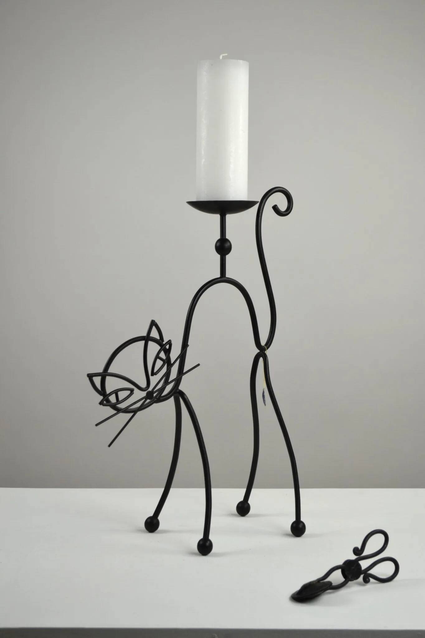 Black Painted Metal Cat Candle Holder, Snuffer & Original Label by Gunnar Ander for Ystad-Metall, Sweden, 1950s/60s