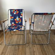 Pair of vintage camping chairs floral and wood fabrics 70s