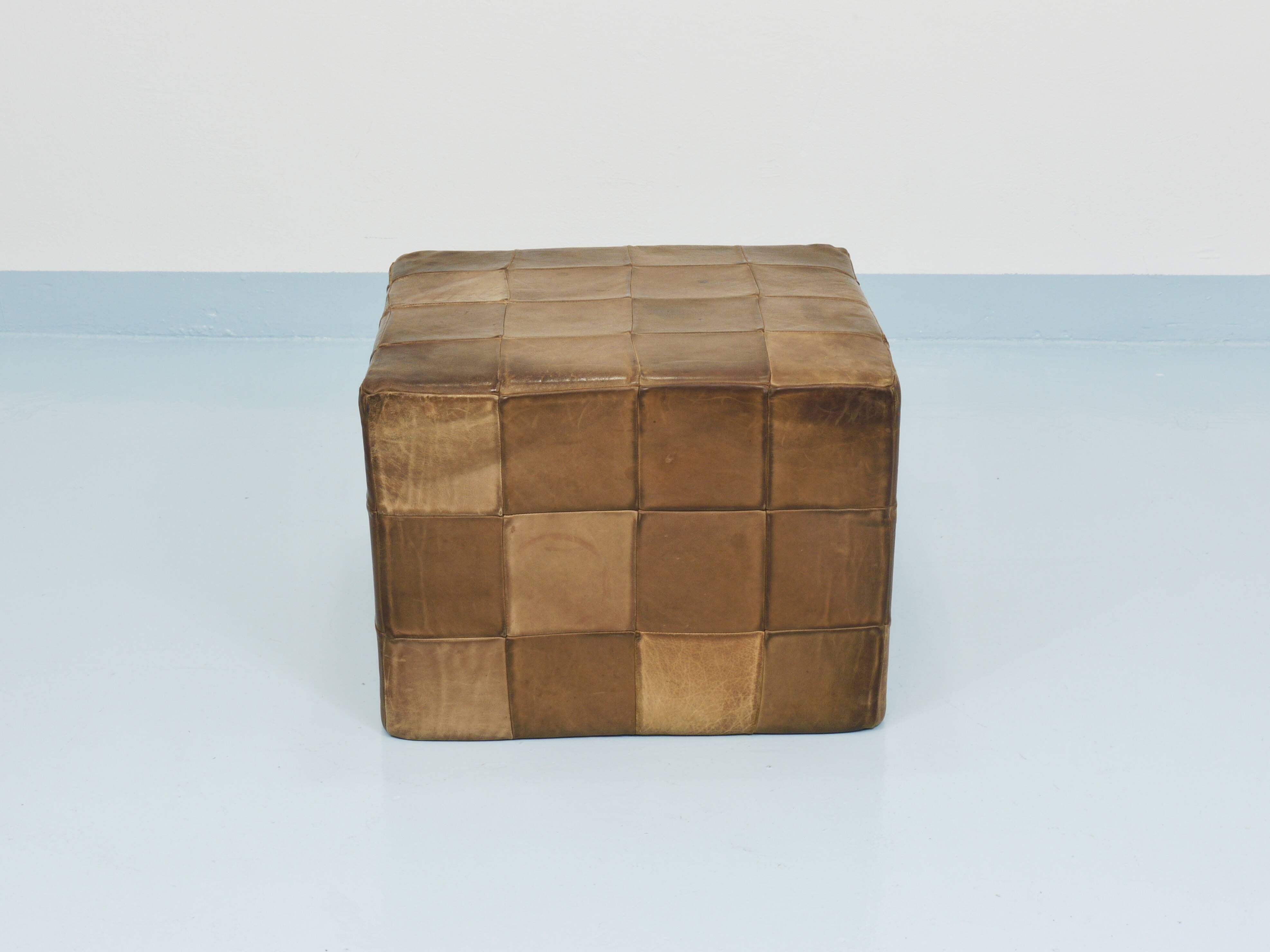 De Sede Patchwork Leather Cube Stool, Pouf, Ottoman, Switzerland, 1970s