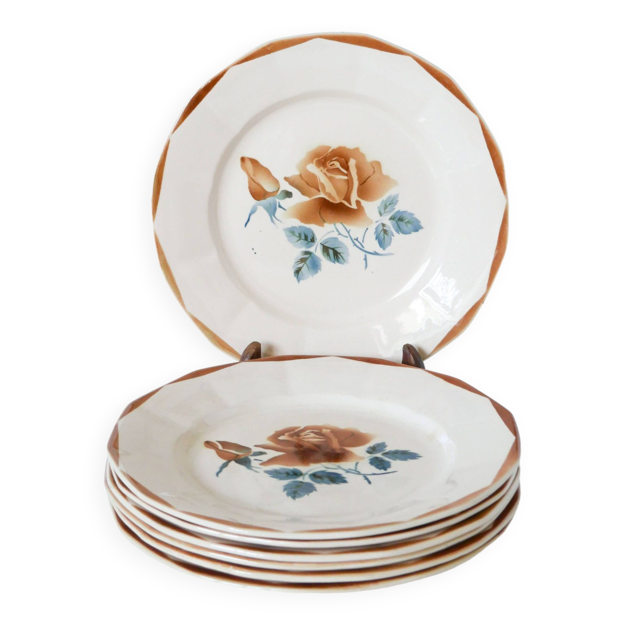 Set of 7 Digoin Sarreguemines flat plates, Fleurs Roses model, 1950
