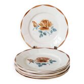 Lot de 7 assiettes plates Digoin Sarreguemines modèle Fleurs Roses, 1950