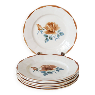 Lot de 7 assiettes plates Digoin Sarreguemines modèle Fleurs Roses, 1950