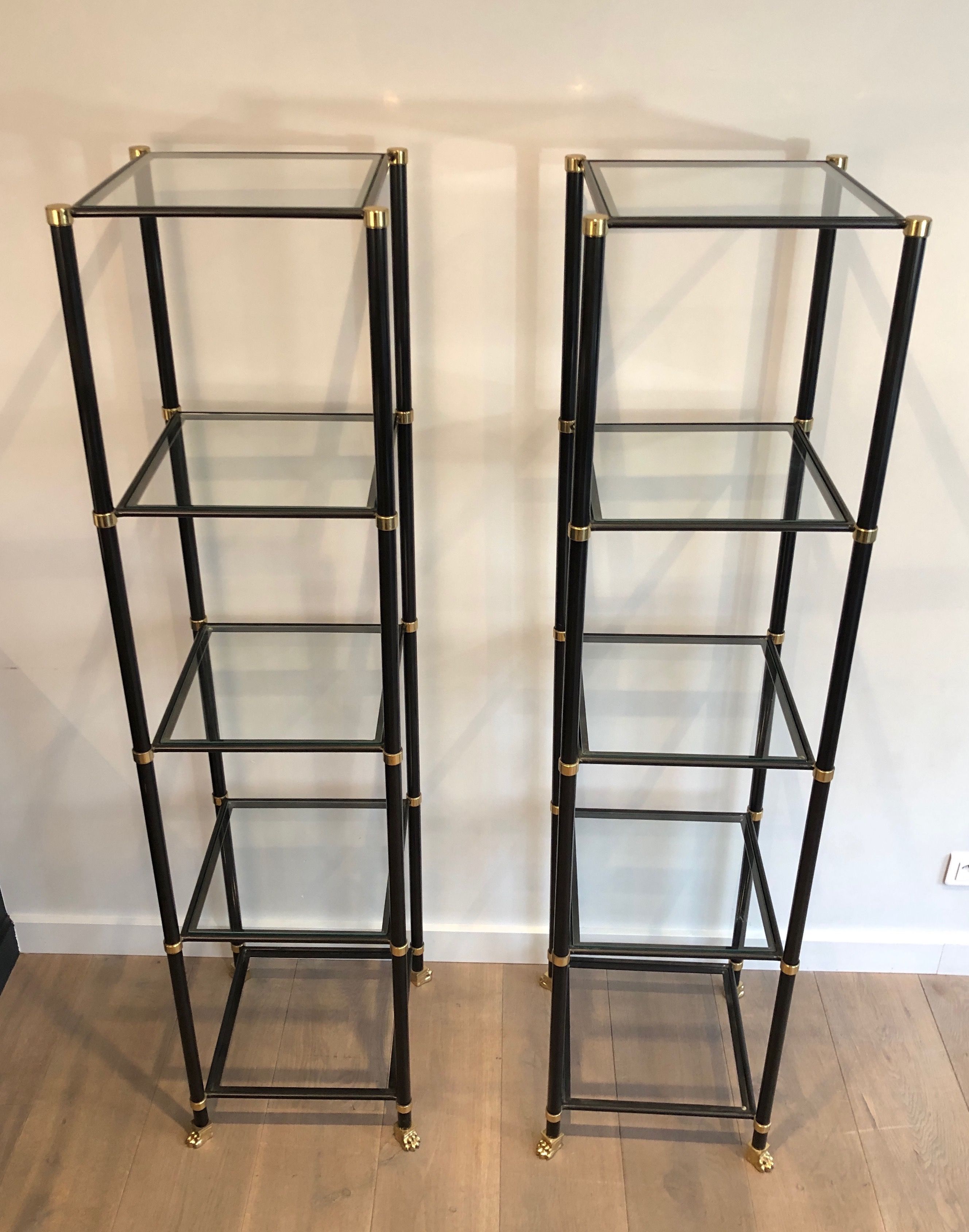 Pair of black lacquered metal and brass shelves. Guy Lefèvre for Maison Jansen. Circa 1970.