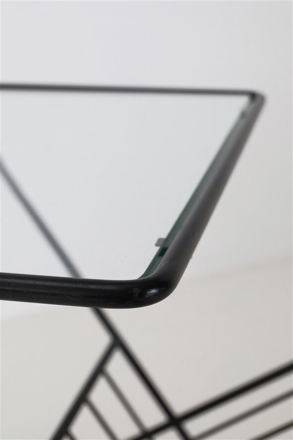 Filigree mid-century modern side table with magazine rack / steel / glass / 1960s