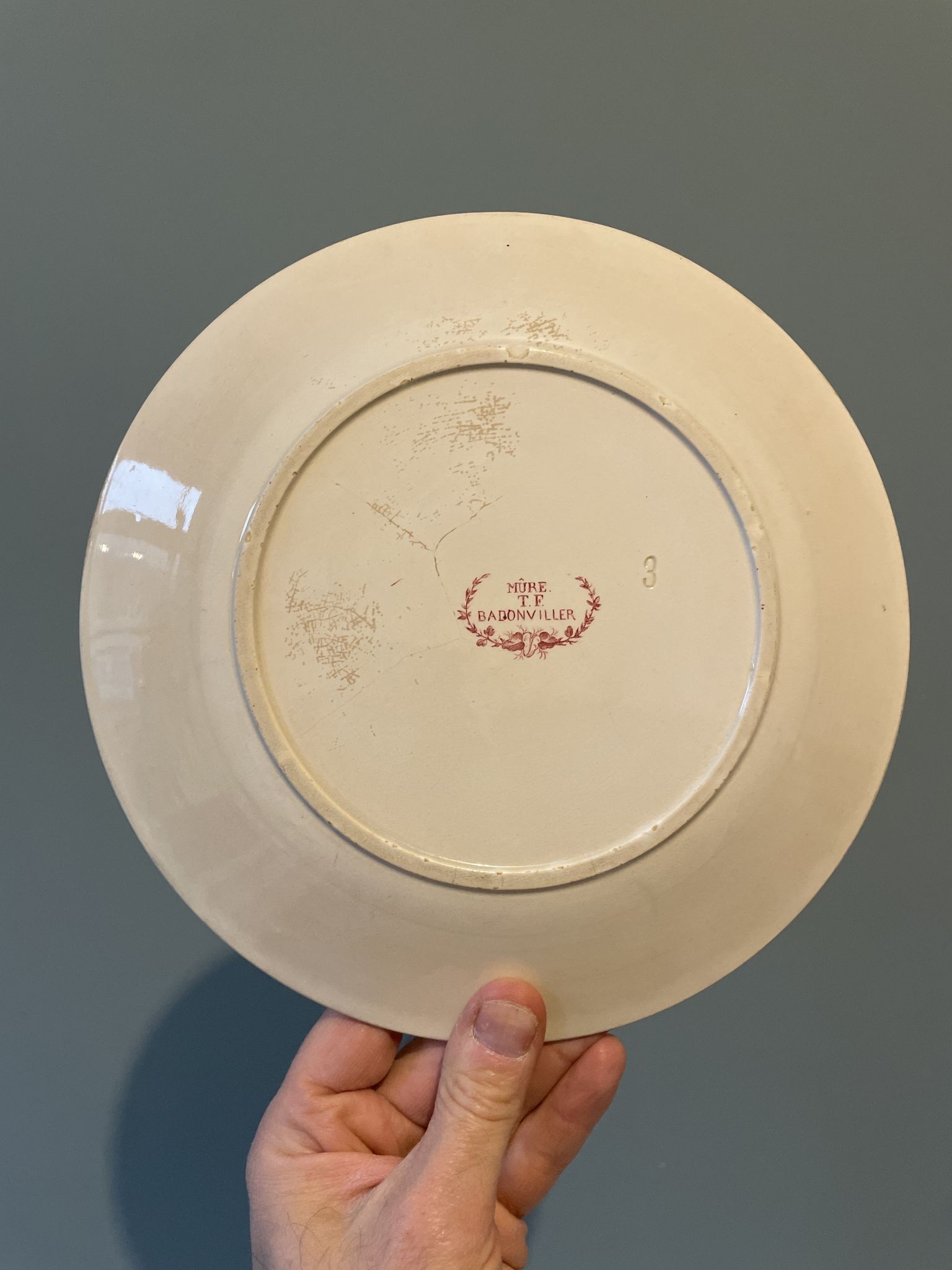 Set of 4 old flat plates Terre de Fer, earthenware of Badonviller