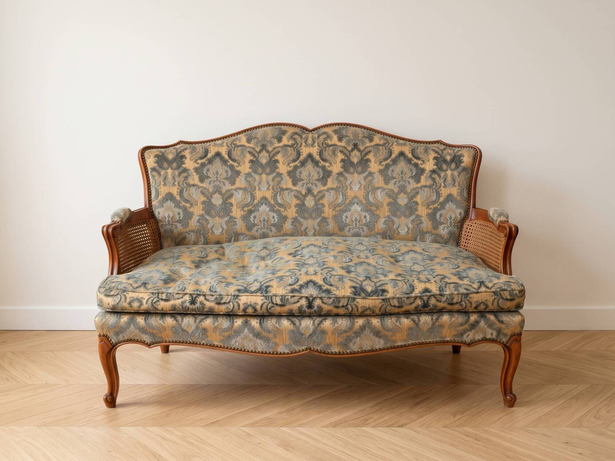 Louis XV style living room set with a sofa and 2 armchairs in cherry wood and fabric.
