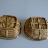 2 rattan/wicker and brass bowls/baskets