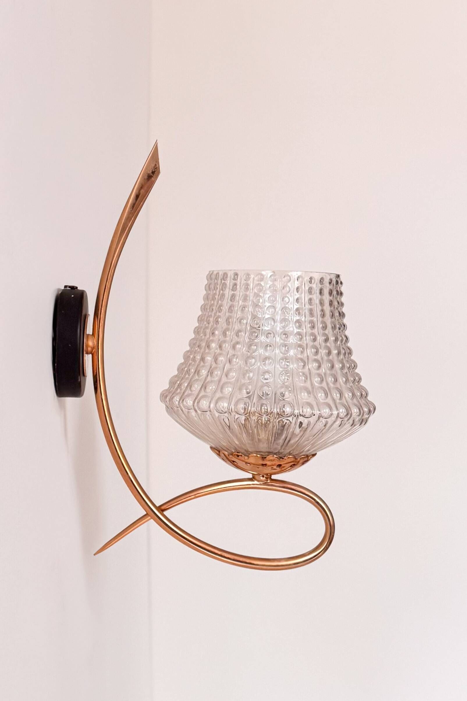 Vintage brass and glass wall lights, France 1950.
