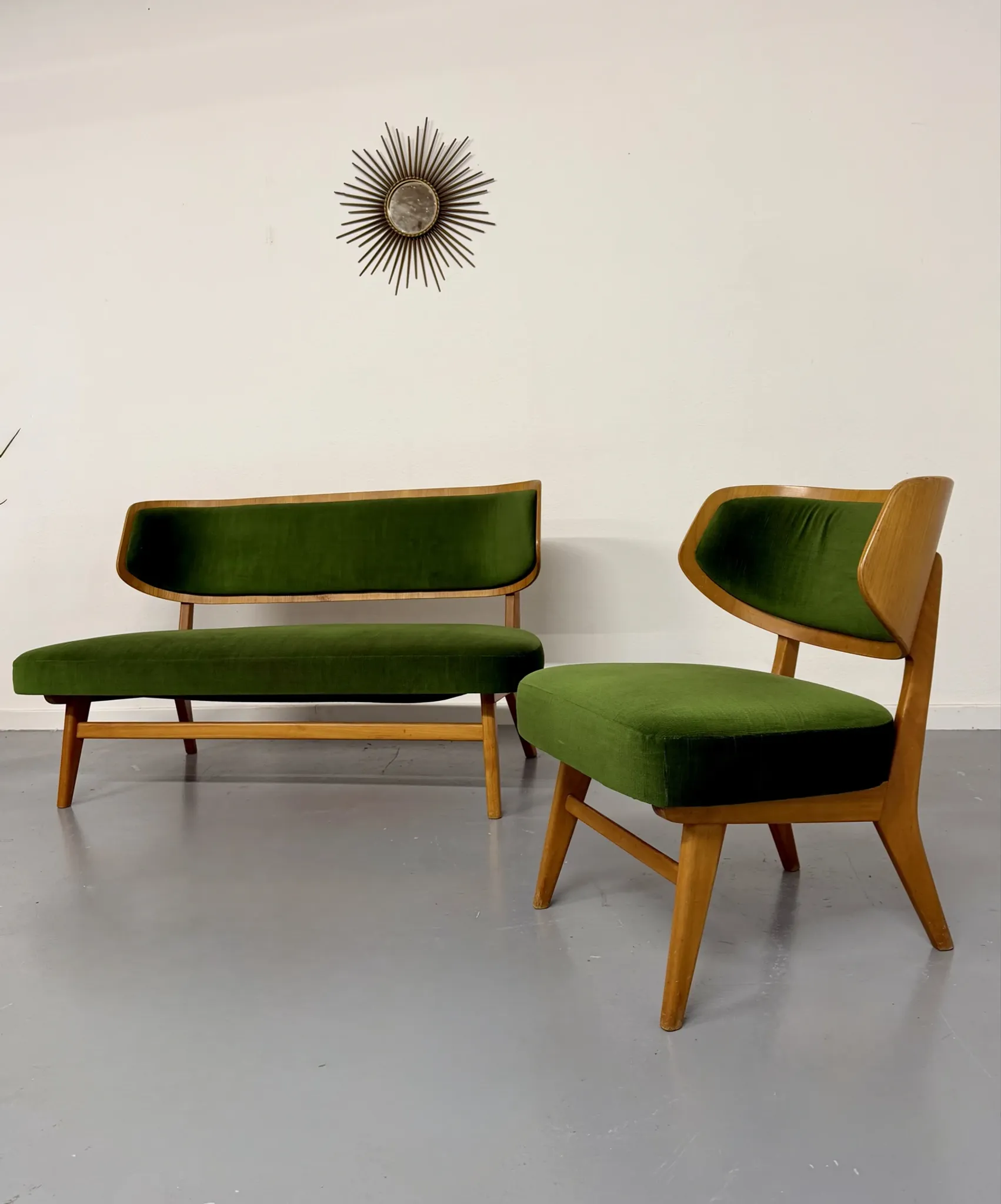 Sofa and armchair designed by Herta-Maria Witzemann, moulded wood, 1960s.