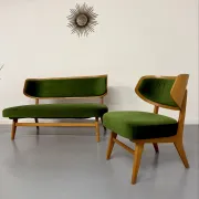 Sofa and armchair designed by Herta-Maria Witzemann, moulded wood, 1960s.