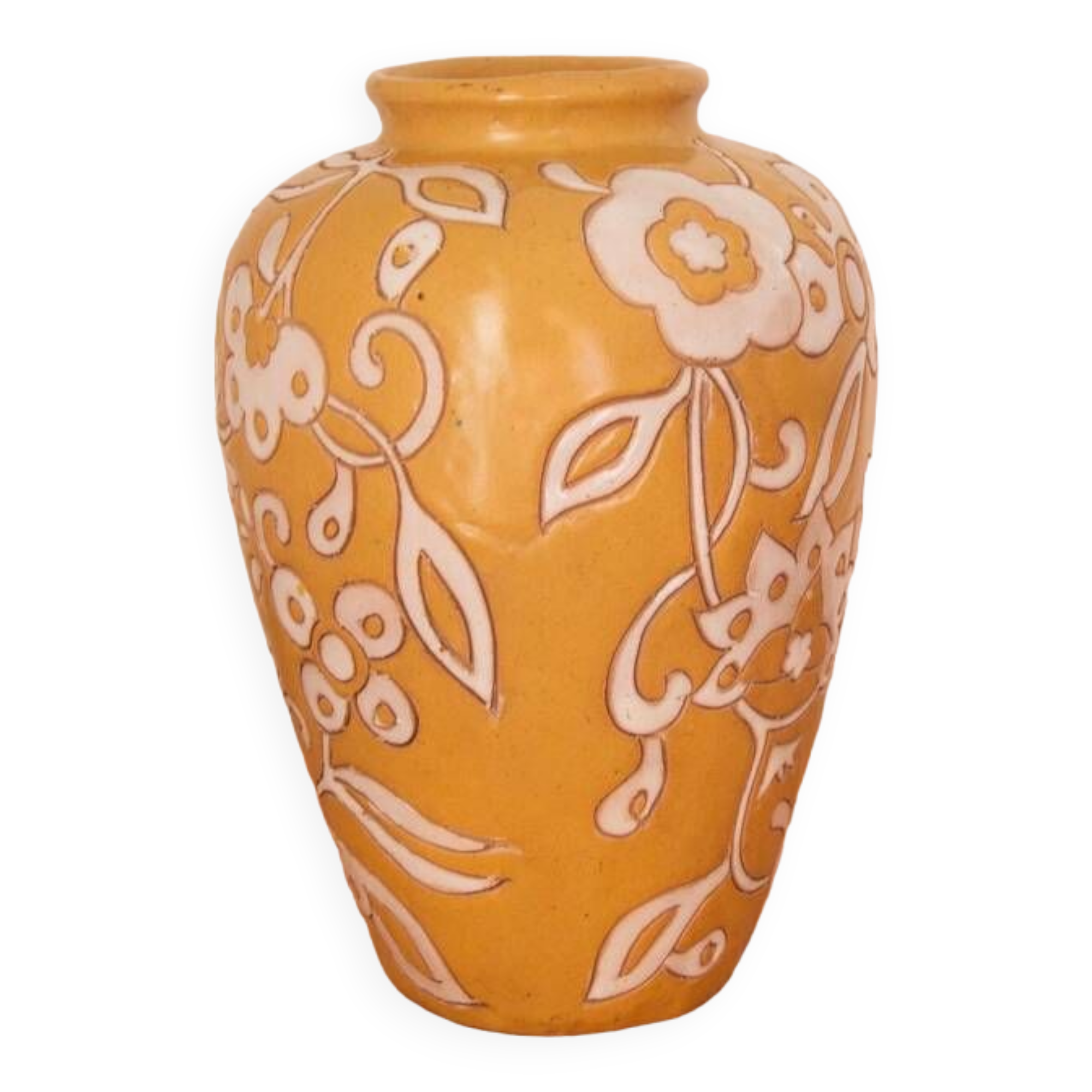 Yellow enamel vase with white flower decoration