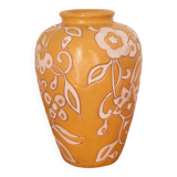 Yellow enamel vase with white flower decoration