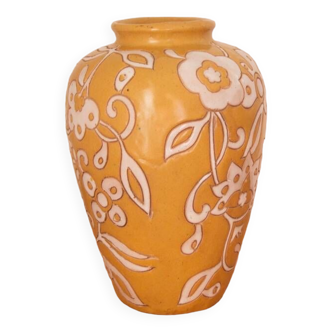 Vase émaux jaune décor fleurs blanc