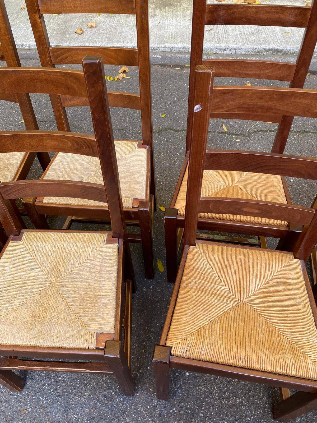 8 solid wood dining chairs with straw seats, farmhouse style