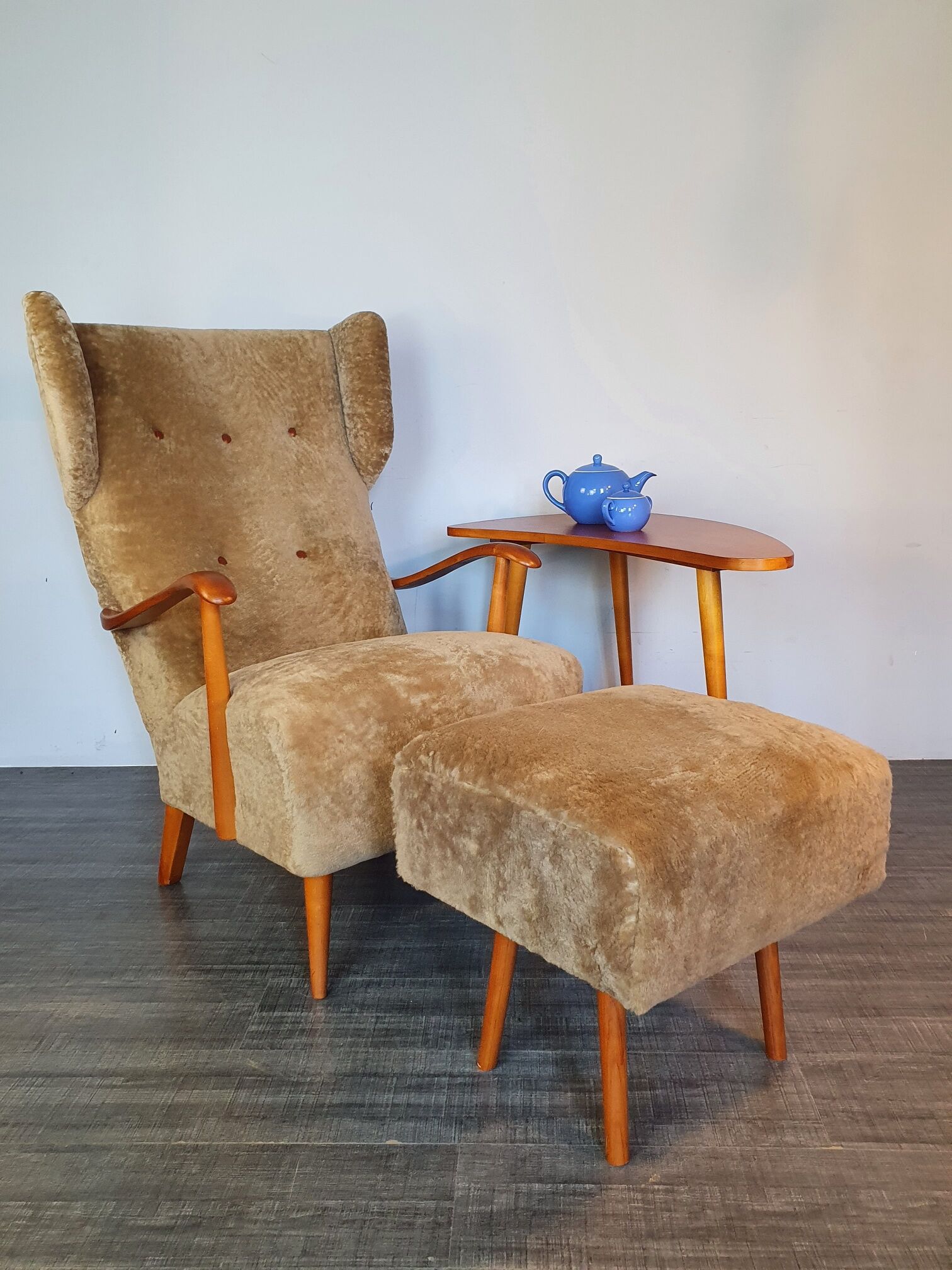 Norwegian sheepskin wing armchair with ottoman 1950