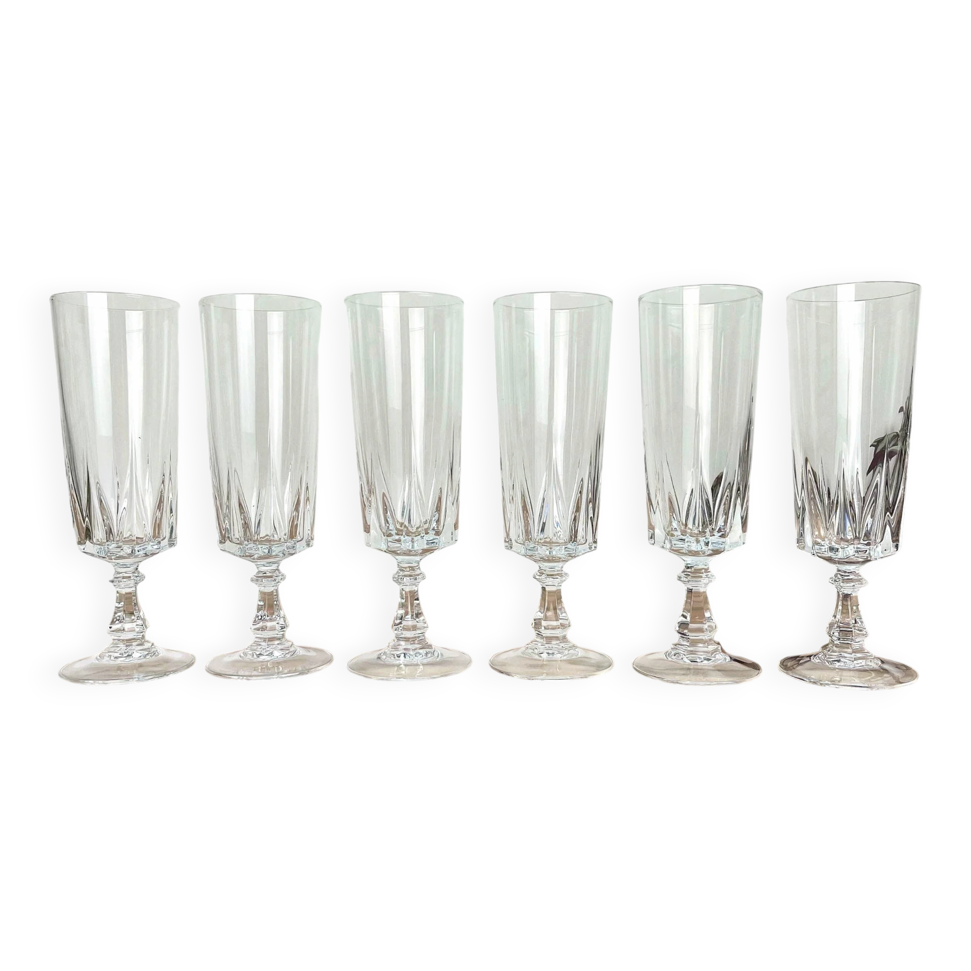 6 crystal champagne flutes from Cristal D'Arques, Louvre model.