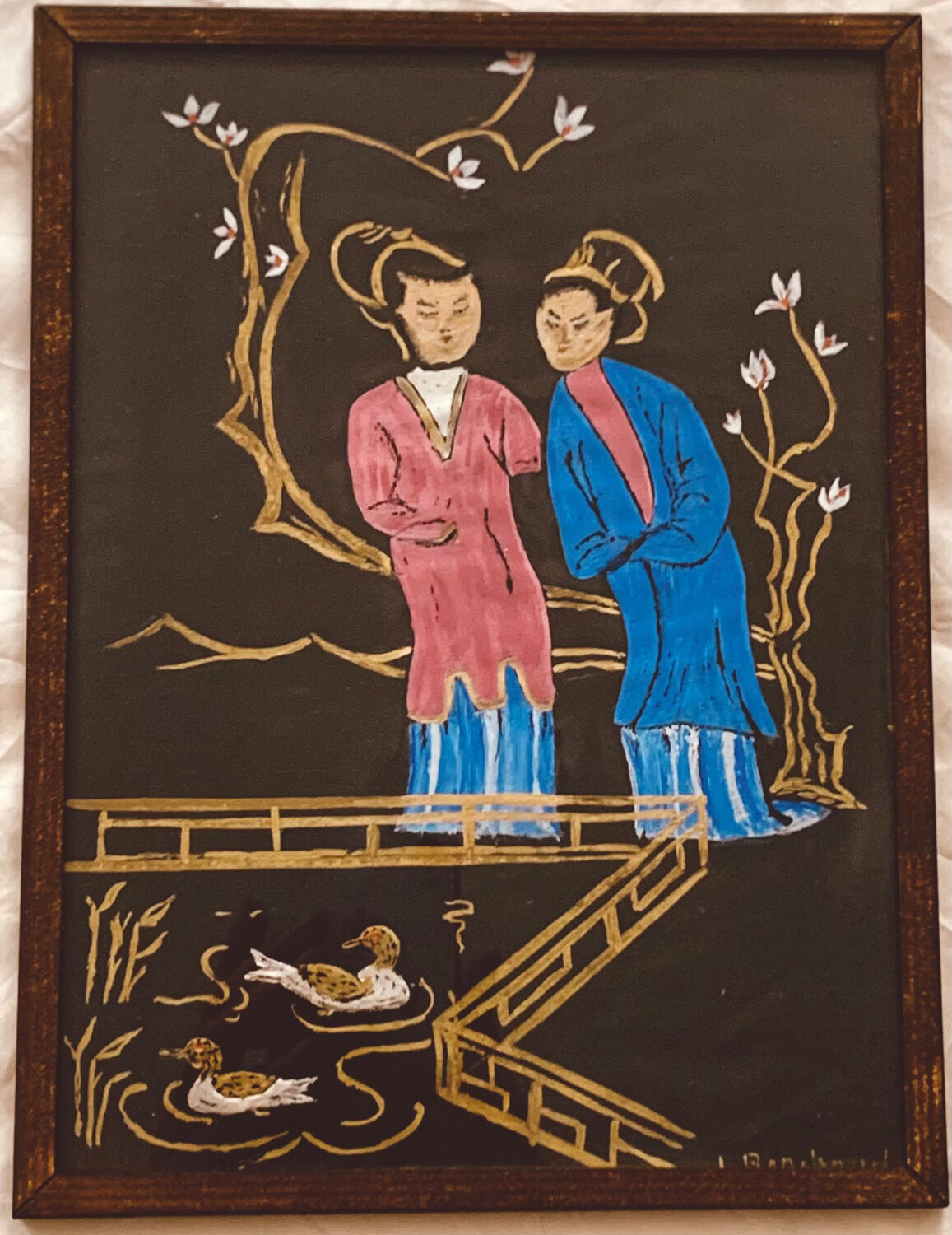 Pair of old China vintage bird painting paintings