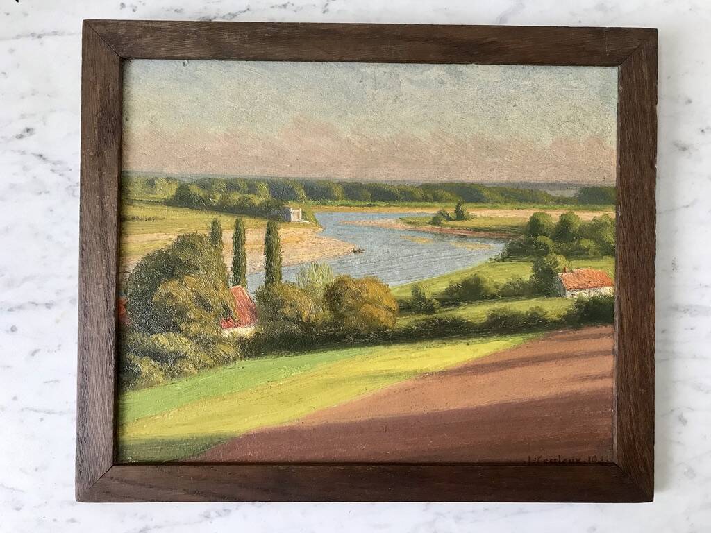 Oil painting on cardboard landscape river signed 1941