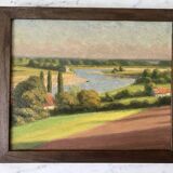 Oil painting on cardboard landscape river signed 1941