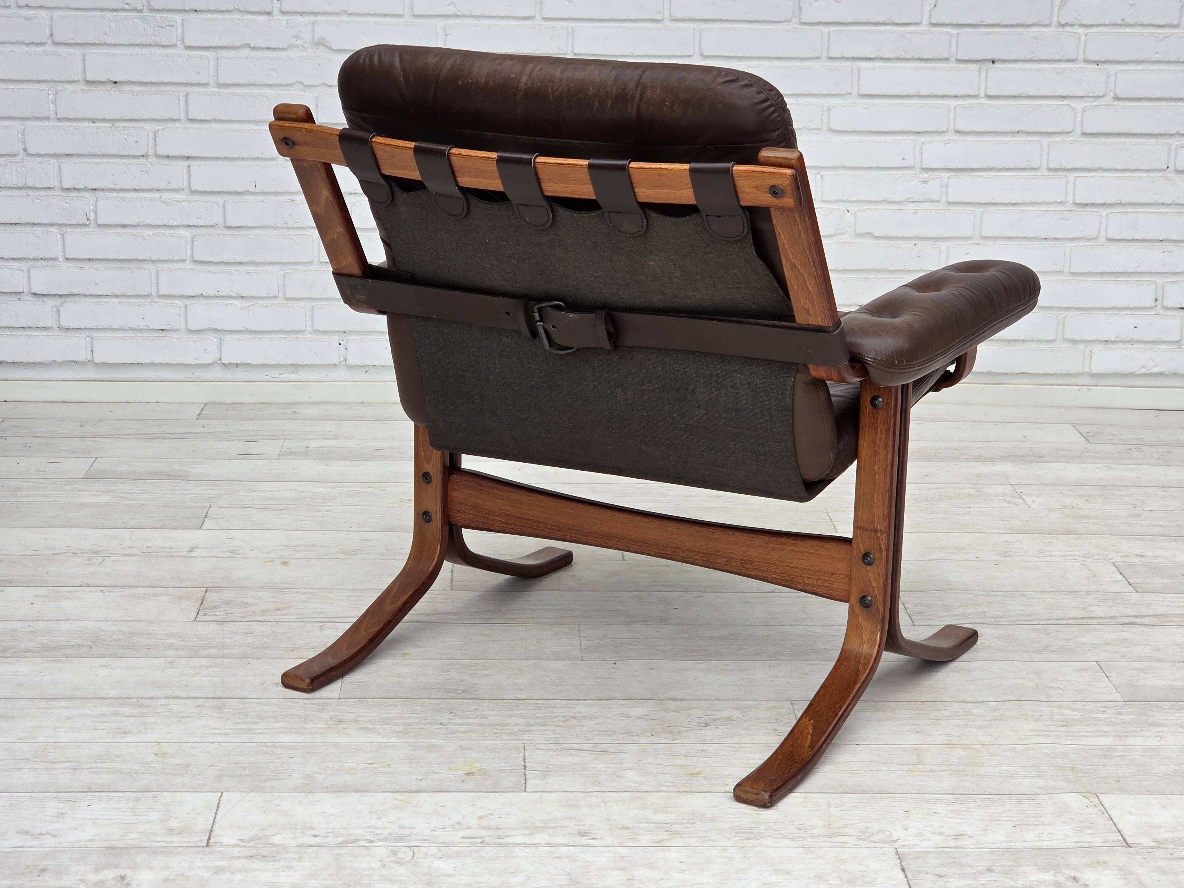 1970s, Norwegian armchair by Jon Hjortdal, furniture leather, bent wood.