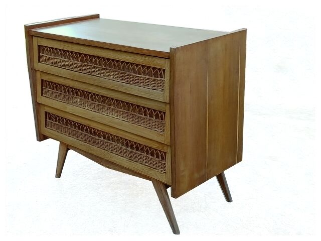 Vintage rattan chest of drawers 1950 1960 golden oak compass feet