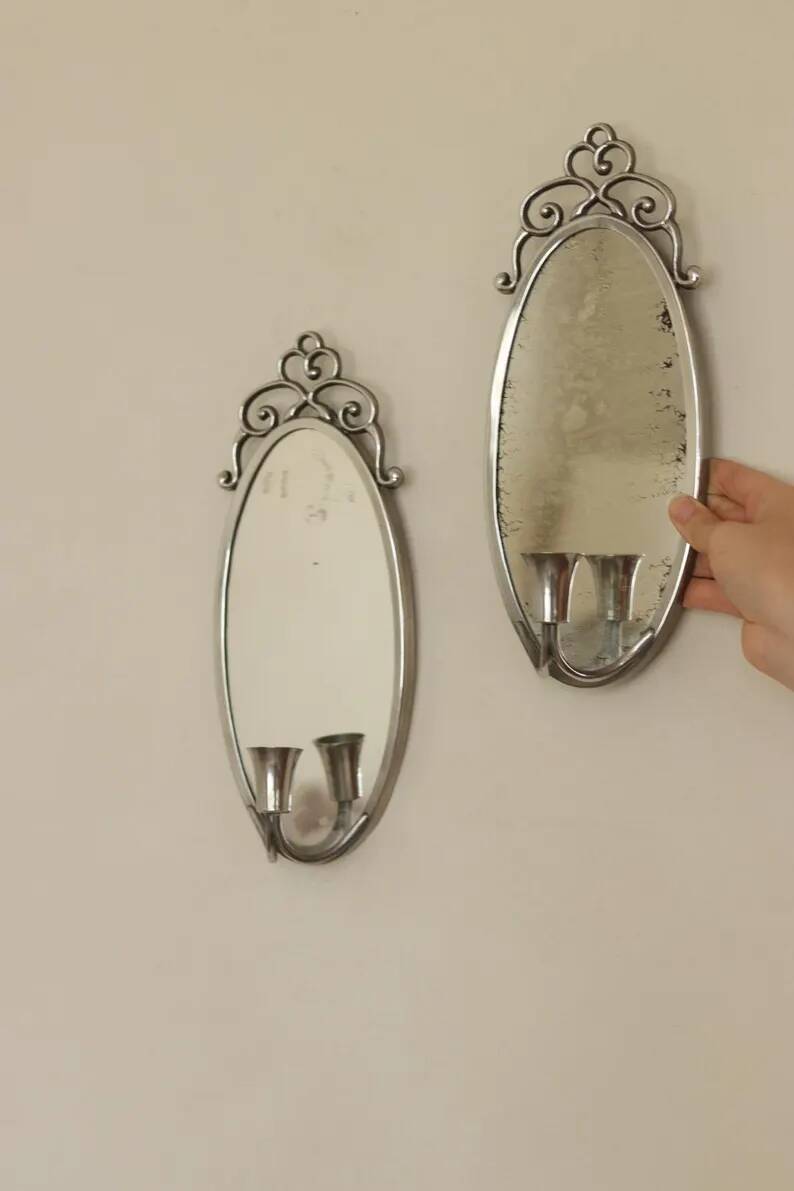 Pair of Swedish Tin Wall Sconces, Mid-Century Style with Mirror by Svenskt - Tenn