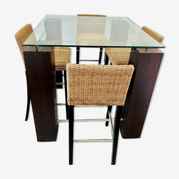 High glass table and 4 Roche Bobois stools